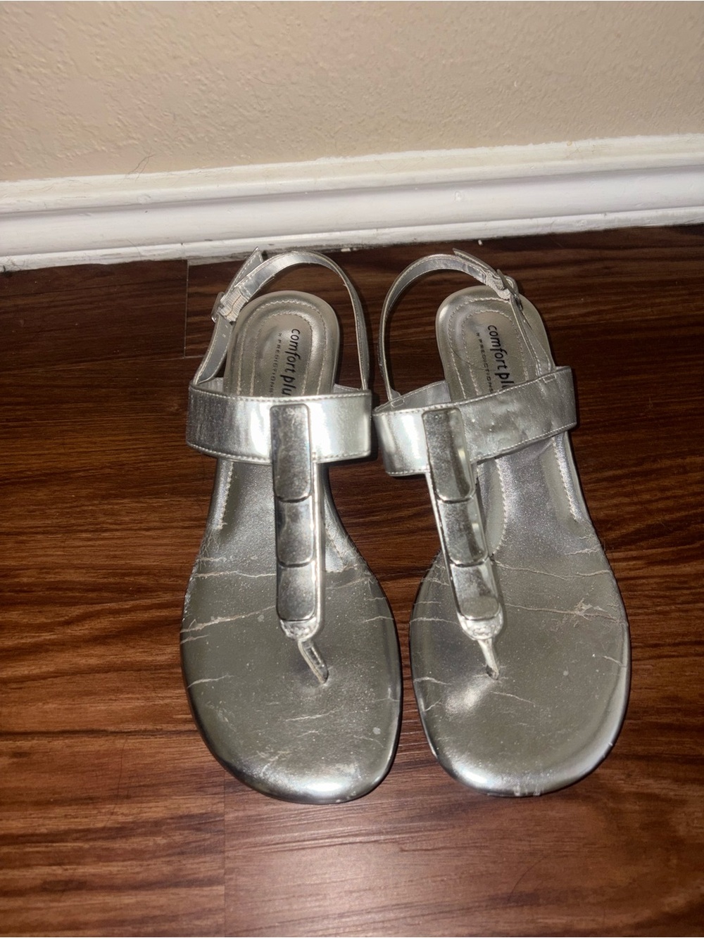 Comfort Plus Silver T-Strap Sandals